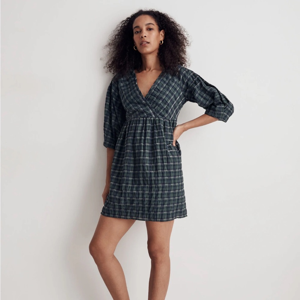 Madewell Marianna Puff Sleeve Green Plaid Minidress Size S